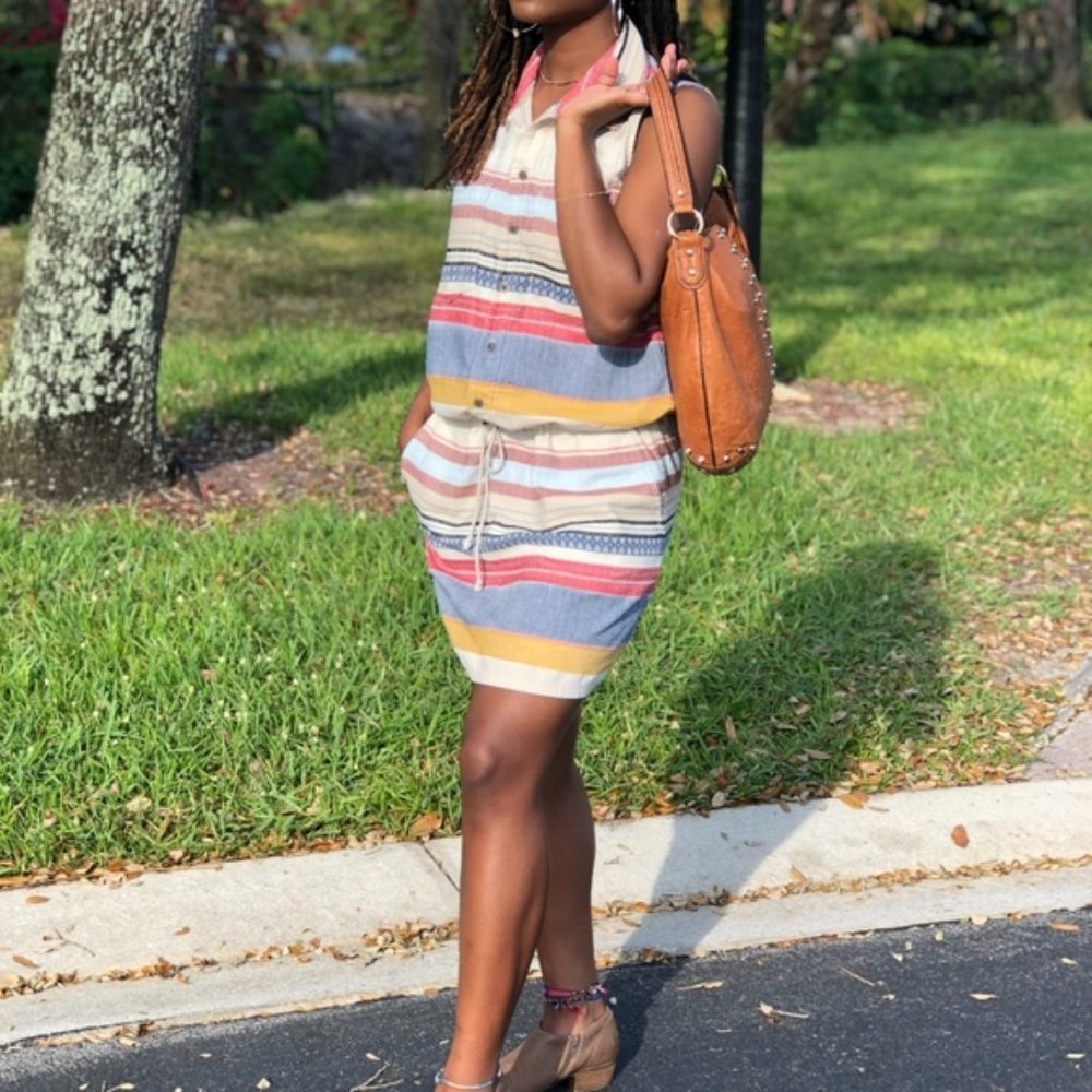 MOTHER Boho Striped Sleeveless Button Down Tie Waist Shirt Dress Small